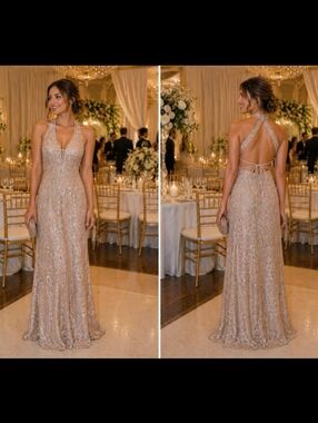 Niki Lavis Elegant Lace Evening Gown Wedding Guest Backless Sequin Halter Dress